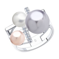 Кольцо из серебра с белым, розовым и сиреневым жемчугом Swarovski и фианитами